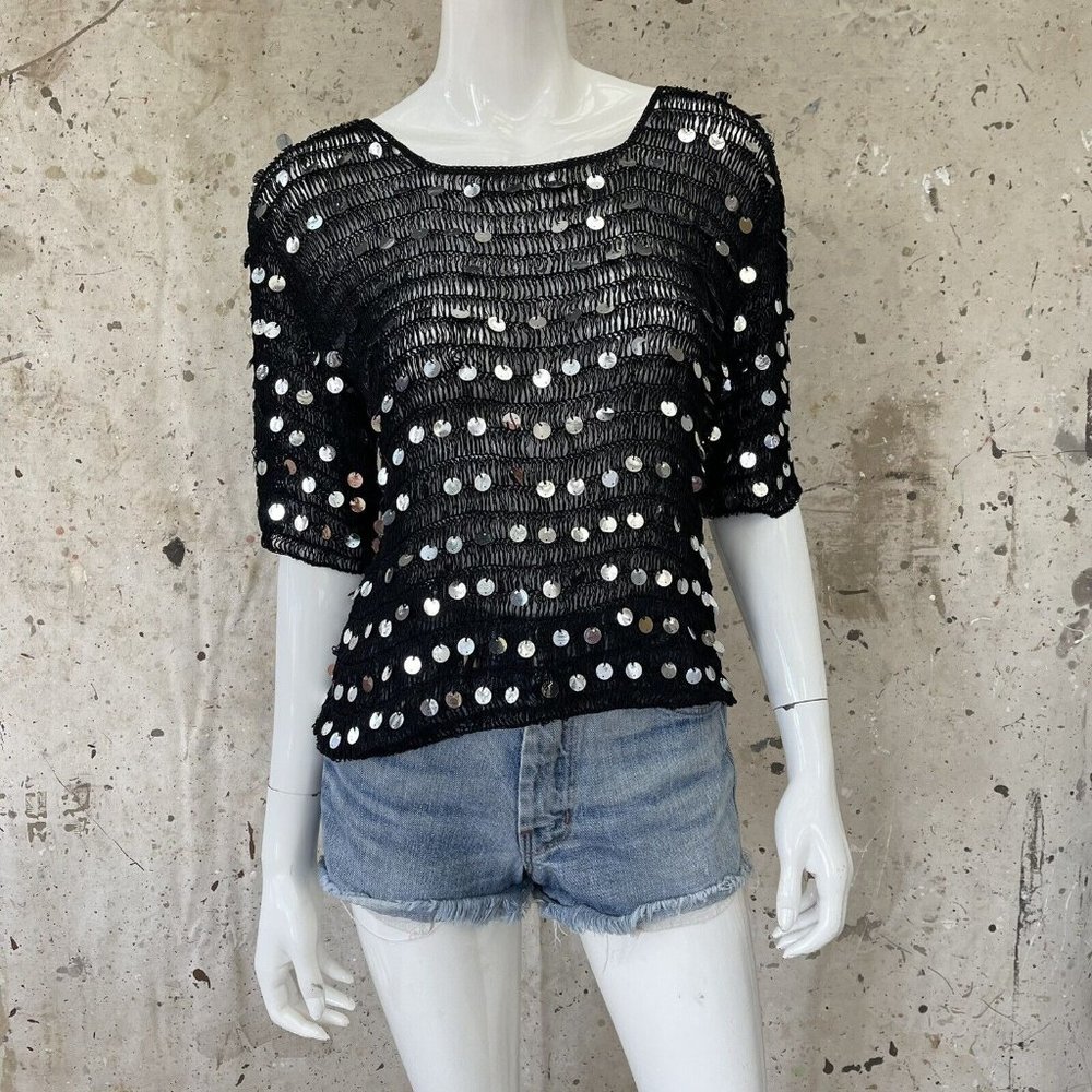Vintage 70’s/80’s Sequined Crocheted Party Top, Black/Silver, Small